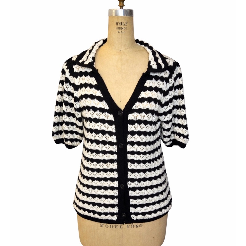 Anthropologie Maeve‎ Striped Crochet Sweater Knit Short Sleeve Cardigan (Size L)